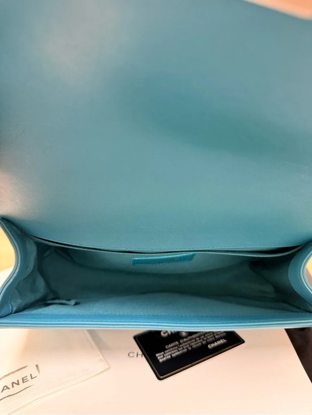 CHANEL Teal Quilted Leather Boy Bag with Chain Strap